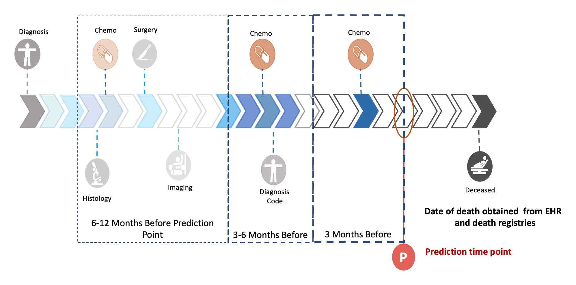 Depiction of a patient journey and features used to predict survival